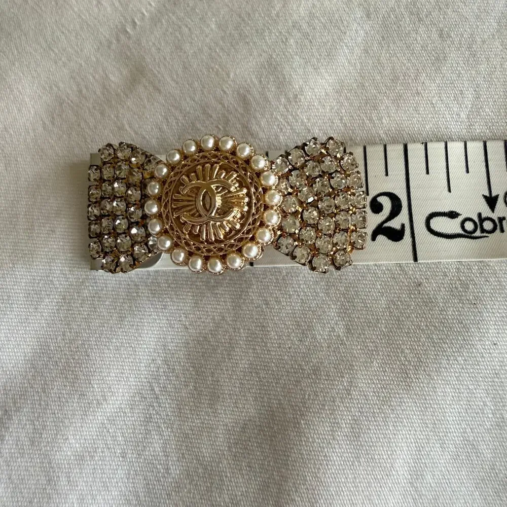 Repurposed Chanel Button Crystal Bow Barrette Faux Pearls & Rhinestones in Gold